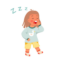 Sleepy girl sleepwalking at night vector illustration. Cartoon isolated tired kid walking with yawn to home bedroom to sleep, lazy kid with exhausted cute face, closed eyes and open mouth yawning