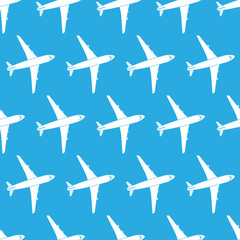 Vector illustration of an airplane top view on a blue background. Aviation holiday poster. Vector seamless pattern