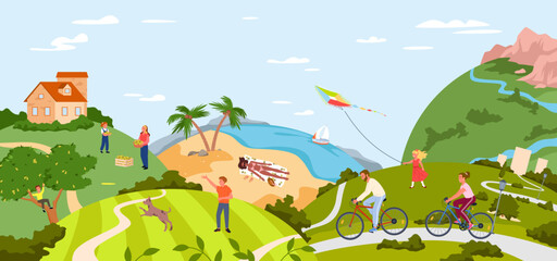 Summer holiday memories. Sea vacation, world travelling, beach sunbathing, tourists journey, farm harvesting activity and gardening, outdoor active lifestyle vector illustration
