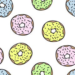 Seamless pattern with yellow and purple donuts, hand draw illustration with white isolated background