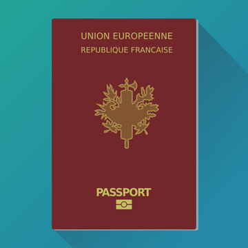 French passport on a blue background in the style of flat design on which is written the European Union (Union européenne) and the French Republic (République française) in the French language