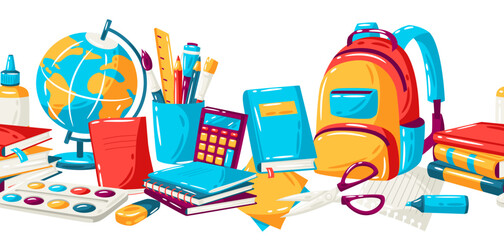 School seamless pattern with education items. Illustration of supplies and stationery background.