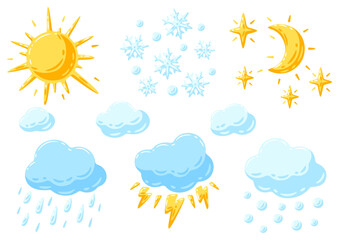 Illustration of weather phenomena. Sun, clouds, rain and snow in cartoon style.