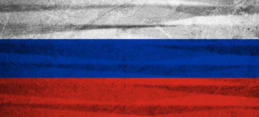  Russian flag background - Old rustic damaged crumbling facade wall texture background, painted in...