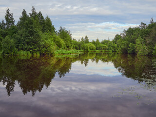 Fototapeta na wymiar Forest river in Northern Europe: summer, colorful clouds.