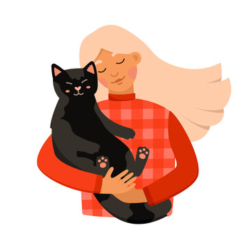 Girl holding cat vector illustration. Cartoon isolated young woman with long blonde hair hugging black kitten, friendship, human love and care of happy pet owner character to cute animal friend