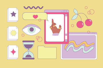 Collage of user retro interface elements. Vaporwave style vector illustration in pastel colors. Retro, trendy, nostalgic style 80s - 90s. Posters, print, social media posts. Hand drawn objects.