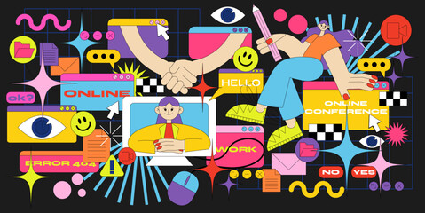 acid cartoon retro frames of online communication tabs. memphis style. abstract geometric linear backgrounds in bright colors with characters girls workers, online learning, conferences, computer.
