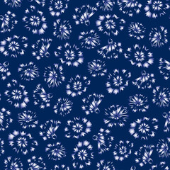 Seamless pattern with silver metallic abstract flowers on dark blue background. White petals, night cornflower meadow. Vector floral print for fabric, cover, wallpaper, wrapping paper.
