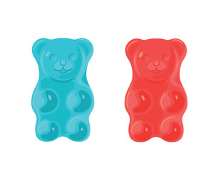 Blue and red jelly bears. Sweets and gifts for children. Jelly and fruit sweets. Harmful but tasty food, unhealthy diet. Sweets, sugar, dessert and delicacy. Cartoon flat vector illustration