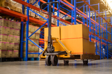 Inventory full of shelves in modern warehouse storage of retail shop.