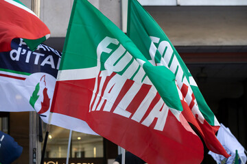 GENOA, ITALY, JUNE 10, 2022 - Forza Italia's party flags during a political rally in Genoa, Italy. - obrazy, fototapety, plakaty