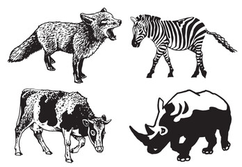 Vector set of animals on white isolated, graphical fox,zebra,cow and rhino