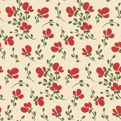 Seamless floral pattern with small artistic plants on a light surface. Vintage print, simple botanical background with hand drawn rustic meadow, red flowers, tiny leaves. Vector.