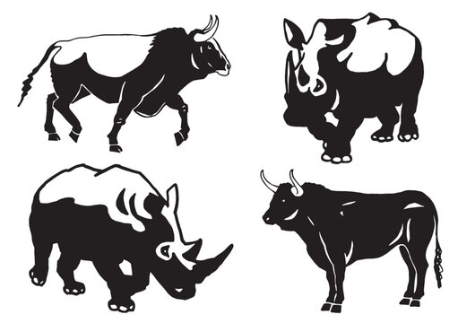 Vector set of bulls and rhinoceroses on white isolated,graphical illustration