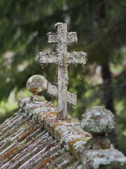 In old cemetery of Uusi Valamo orthodox monastery in Finland: chapel, crosses, orthodox tradition.