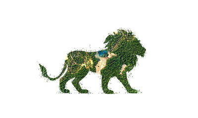 Save The Lion. World Wildlife day concept nature reserve conserve Wildlife reserve lion. Forest shape of lion-Environment day. 3d rendering.