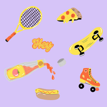 Set Of Cool Retro Elements - Skate, Roller Skate, 
Tennis Racquet, Pizza, Hot Dog, Ketchup. Hipster Trendy Background