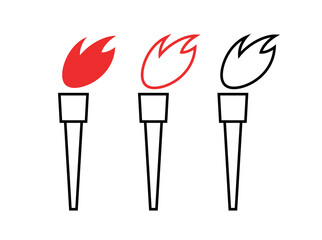 Torch icons set. Symbol of victory, danger and importance. Designation of a hit, top or hot. Symbol of the Olympic Games and sports.