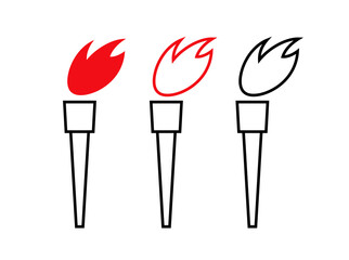 Torch icons set. Symbol of victory, danger and importance. Designation of a hit, top or hot. Symbol of the Olympic Games and sports.