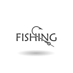 Fishing word and hook icon with shadow