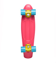 Bottom view of children plastic pink skateboard, with blue wheels, isolated on white