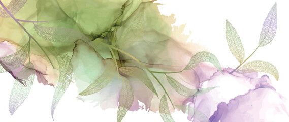 Modern creative design,  background marble texture with leaves. Alcohol ink. Vector illustration.