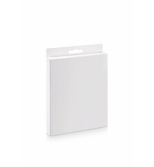 Three quarter view of rectangular white cardboard box, isolated on white