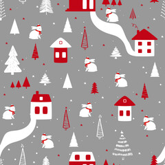 Funny seamless vector pattern with rabbit, houses, snowflakes and Christmas tree. Can be used  for fabric, phone case and wrapping paper. New year 2023..