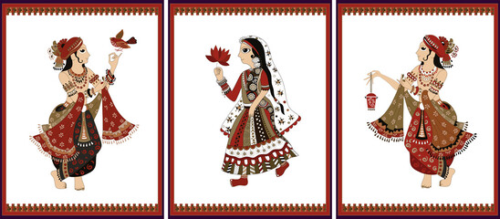Illustration of Indian characters in national clothes. Decorative panel. Indian dance. Illustration. Decoupage, wall decor, print. - 522315564