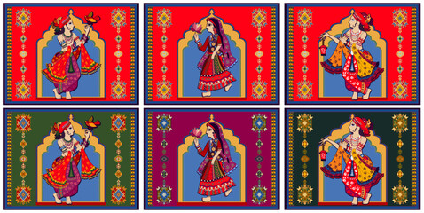 Illustration of Indian characters in national clothes. Decorative panel. Indian dance. Illustration. Decoupage, wall decor, print. Set cartoon indian characters - 522315583
