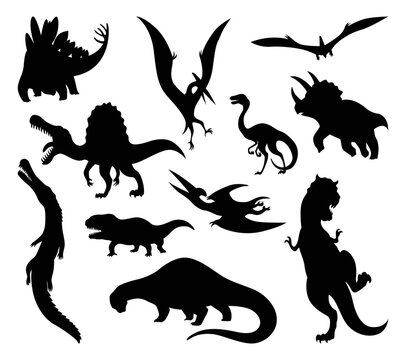 Dinosaur silhouettes set. Dino monsters icons. Shape of real animals. Sketch of prehistoric reptiles. Vector illustration isolated on white. Hand drawn sketches