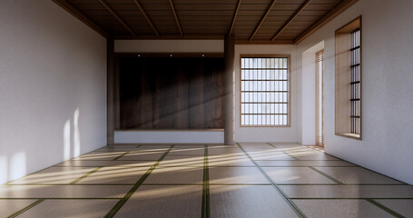 Empty large hall, Asia interior cleaning room zen style. 3D rendering