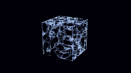 Abstract lines connection in the shape of cube. Mesh square with flying debris. Global digital futuristic technology of network. 3d rendering.