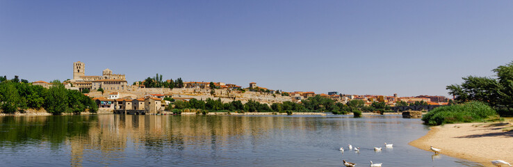 Fototapeta na wymiar View of the city of Zamora in Spain on the banks of the Duero river. Copy space. Selective focus.
