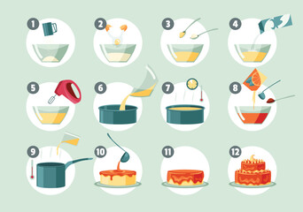 Step by step preparation cake set. Baking ingredients and food preparation signs. Make dough dishes and cream for pastry. Recipe elements