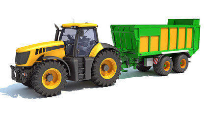 Farm Tractor with Trailer 3D rendering on white background