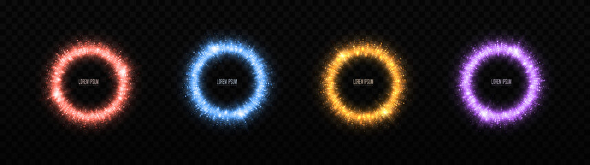 Set of sparkle circle rings with glowing particles. Luxury shiny circles twinkle on transparent background. Glowing circle frames with light effect.