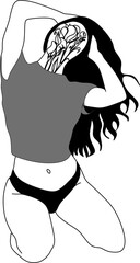 Magic mystical girl. Linear hand drawing of a woman in a swimsuit, silhouette of a female body in underwear, minimalist drawing with a bouquet of flowers