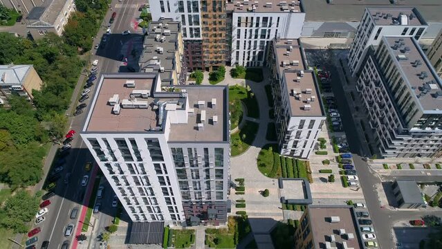 Drone aerial view modern building Residential complex Faina Town. Construction of residential premises. Kyiv capital of Ukraine