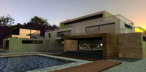 Wonderful evening out of town. The courtyard of an advanced modern house with a swimming pool. Multicolored night lights. 3d render.