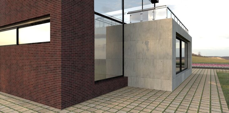 The wall decoration is red brick with a blue tint. Works well with concrete. Square paving stones made of natural stone. 3d render.