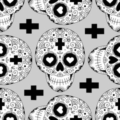 Vector illustration, seamless pattern with ornaments and flowers with skulls for the day of the dead. Sugar skull. Monochrome.