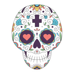 Vector illustration of Mexican skull with ornament and flowers. Sugar skull. The day of the Dead. Tattoo. Psychedelic colors. - 522318794