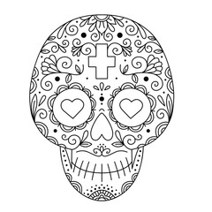 Vector illustration of Mexican skull with ornament and flowers. Sugar skull. The day of the Dead. Tattoo.