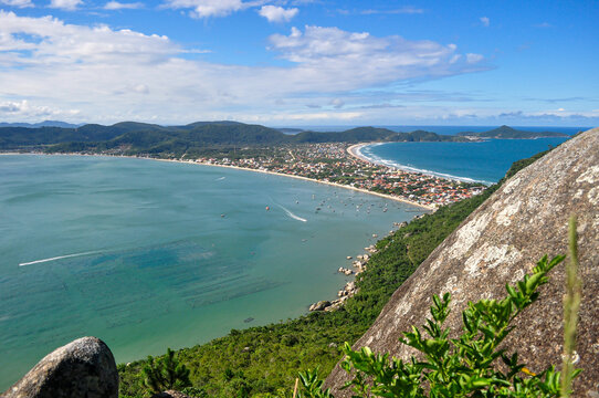 View from Morro do Macaco of Canto Grande and Mariscal Beaches in Bombinhas, Santa Catarina, Brazil