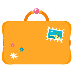 Vector illustration of an orange travel suitcase with stickers. Travel bag. Isolated