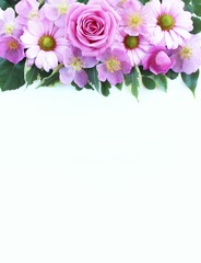 Delicate bouquet with pink roses on a white background. Delicate floral arrangement. Background for a greeting card.
