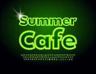 Vector  neon Signboard Summer Cafe. Electric Green Font. Glowing Alphabet Letters and Numbers