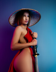 sexy woman in a red cape and an Asian hat with a katana in her hand image of a samurai in neon color